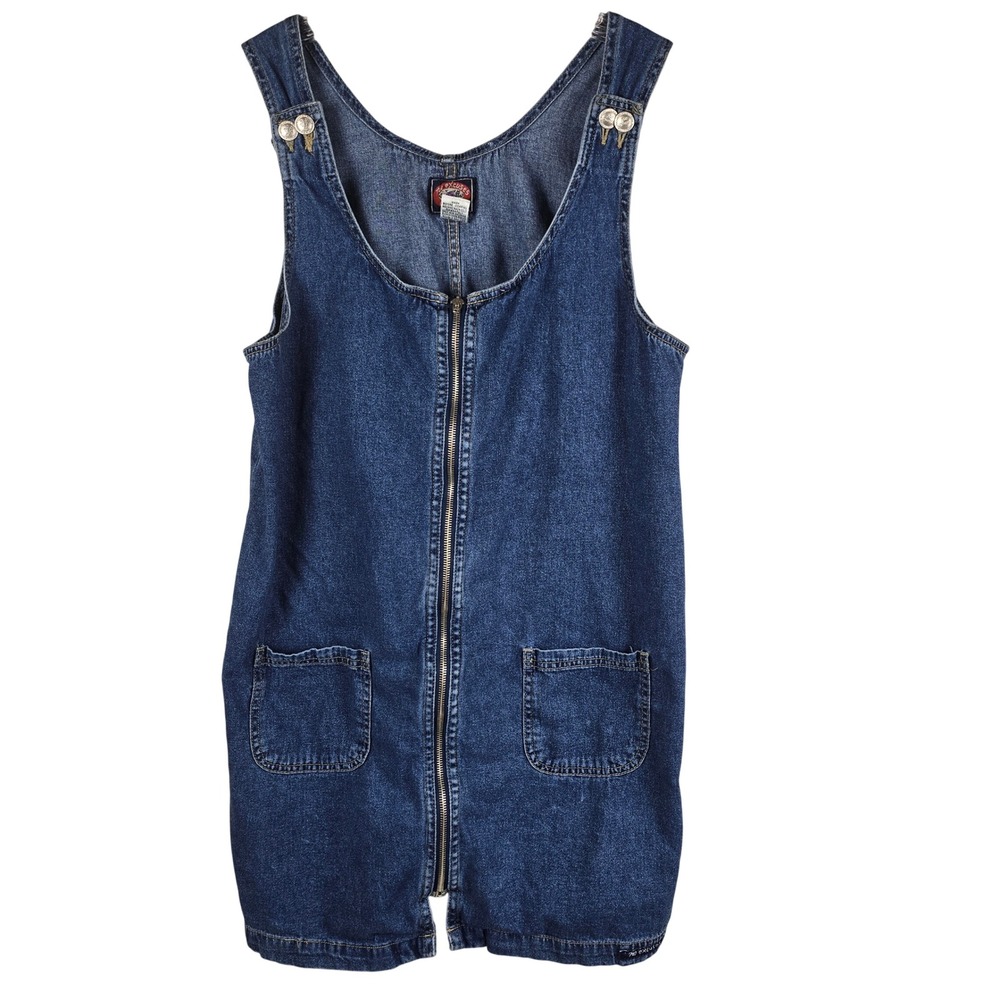 Vintage No Excuses Denim Jumper Dress Size L Blue Jean Full Zip Mini Pinafore